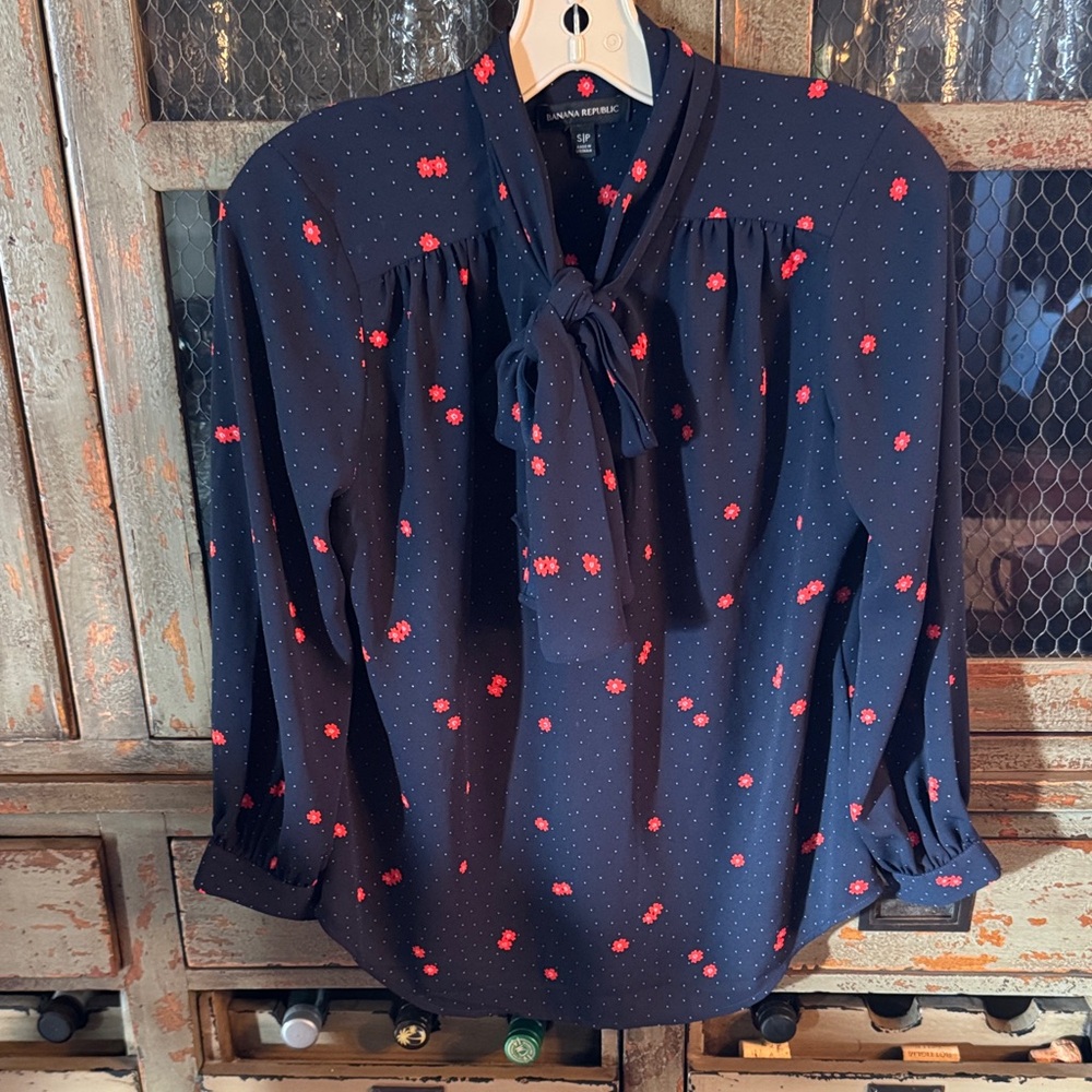 Banana Republic Dark Blue Blouse with Red Floral Accents